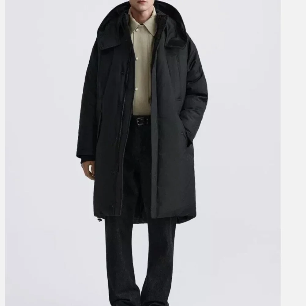 MEN Zara Charcoal Grey Black Quilted Parka With Detachable Hood Coat Size L NWT - Picture 8 of 13